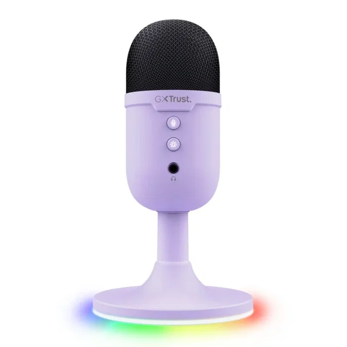 Trust Gaming Micrófono Gaming GXT 234 Yunix USB Lila para Streaming, PC, PS, Mac - Cardioide, RGB, Mute